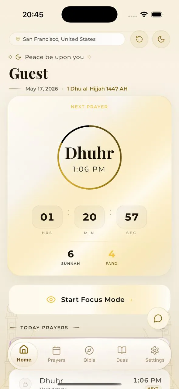 Iqama prayer dashboard showing next prayer countdown